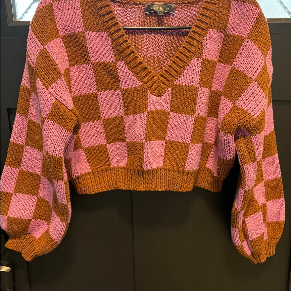 Blue Blush Checkered V-Neck Sweater in Pink and Brown